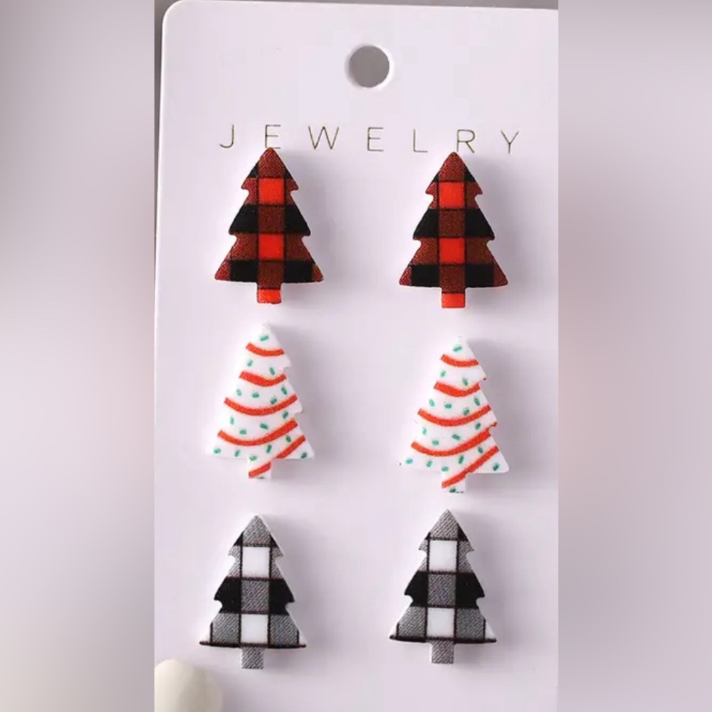 Earrings Christmas Tree Pierced Set of 3 Checkered, Red Garland Green Ornaments